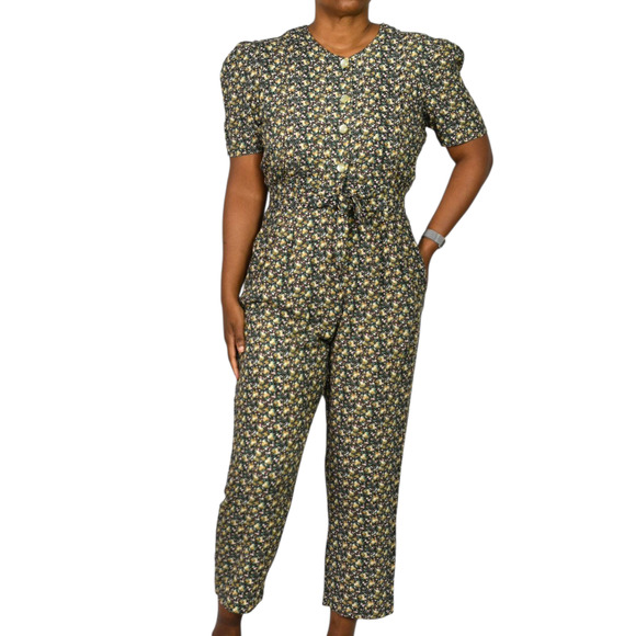 Floral Jumpsuit Vintage Black Ditsy Micro Print Calico 90s Rayon Small Petite - Picture 6 of 15